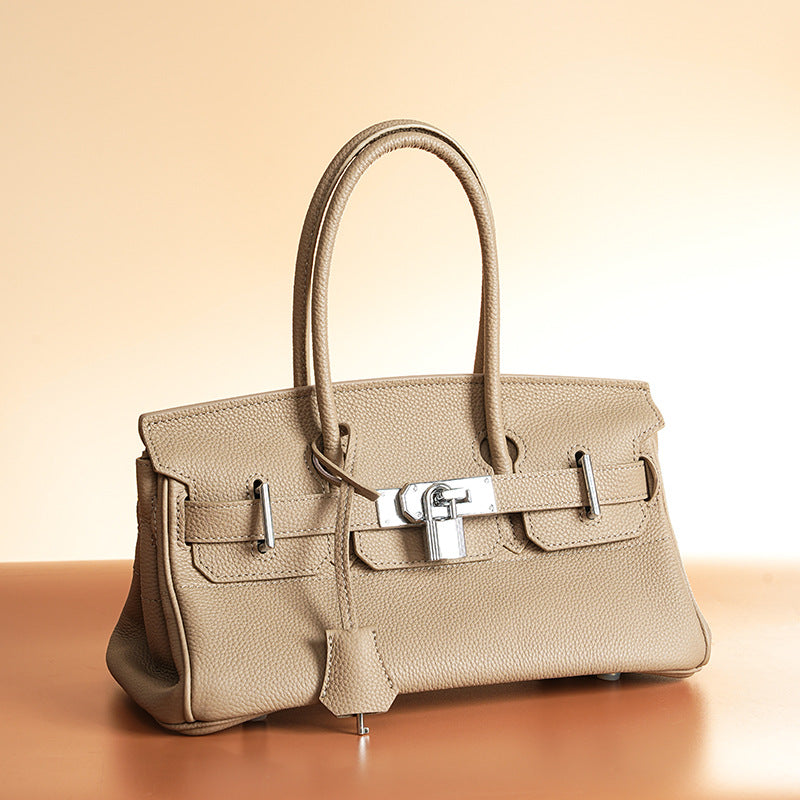 Women’s Minimalist Genuine Leather Rectangular Lock Buckle Crossbody Top Handle Bag