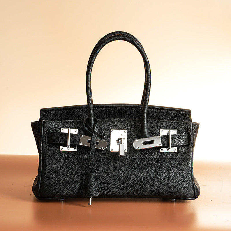Women’s Minimalist Genuine Leather Rectangular Lock Buckle Crossbody Top Handle Bag