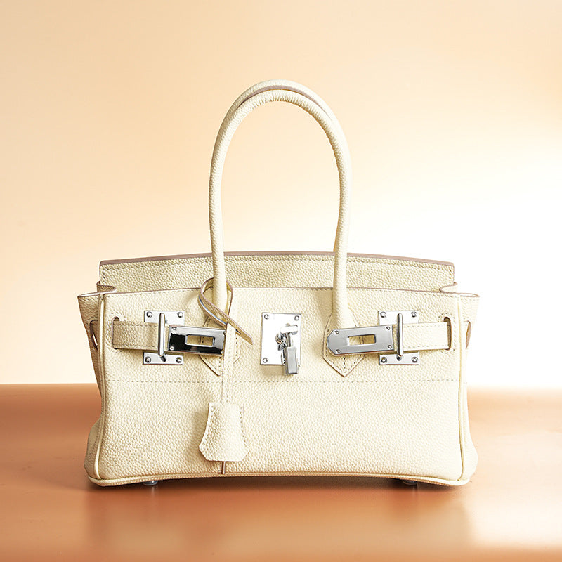 Women’s Minimalist Genuine Leather Rectangular Lock Buckle Crossbody Top Handle Bag