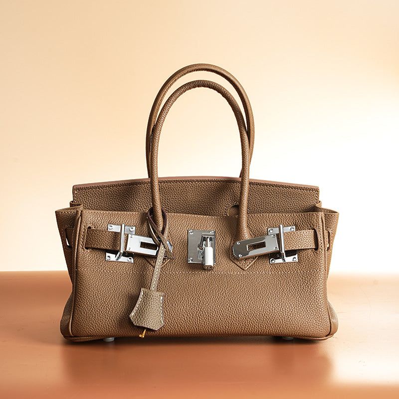 Women’s Minimalist Genuine Leather Rectangular Lock Buckle Crossbody Top Handle Bag
