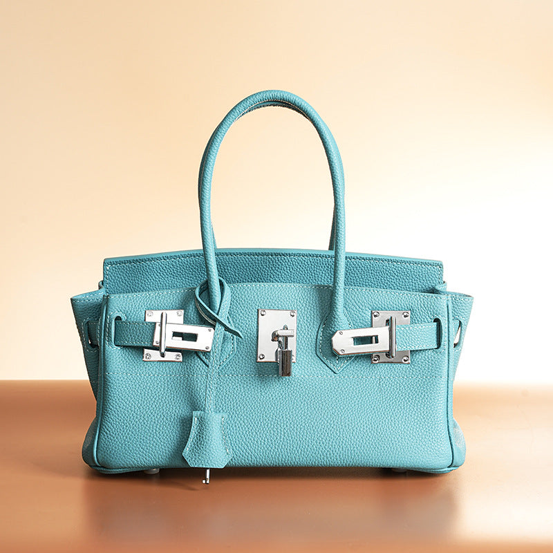 Women’s Minimalist Genuine Leather Rectangular Lock Buckle Crossbody Top Handle Bag