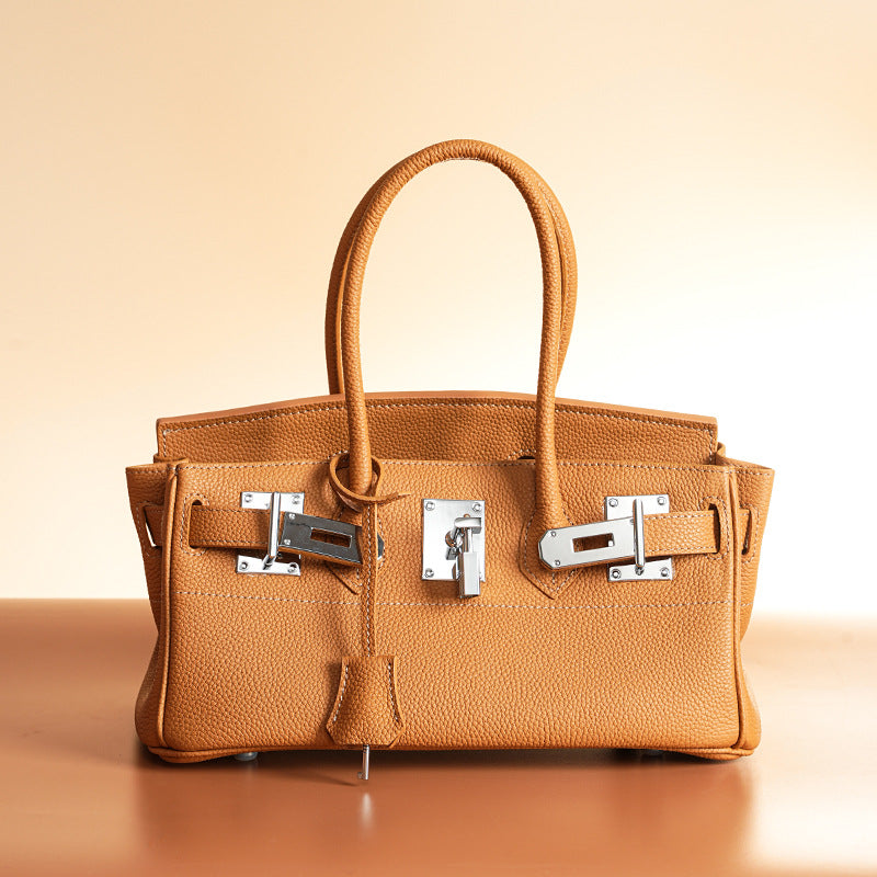 Women’s Minimalist Genuine Leather Rectangular Lock Buckle Crossbody Top Handle Bag