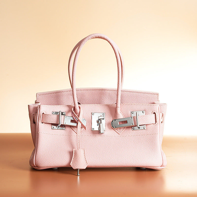 Women’s Minimalist Genuine Leather Rectangular Lock Buckle Crossbody Top Handle Bag