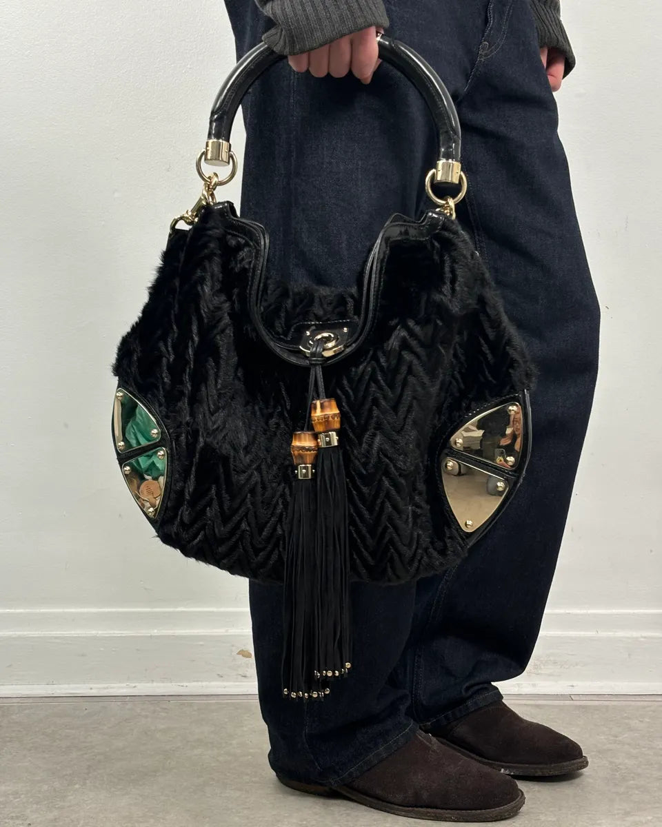 Black Karakul Indy Fur Bamboo Handle Bag