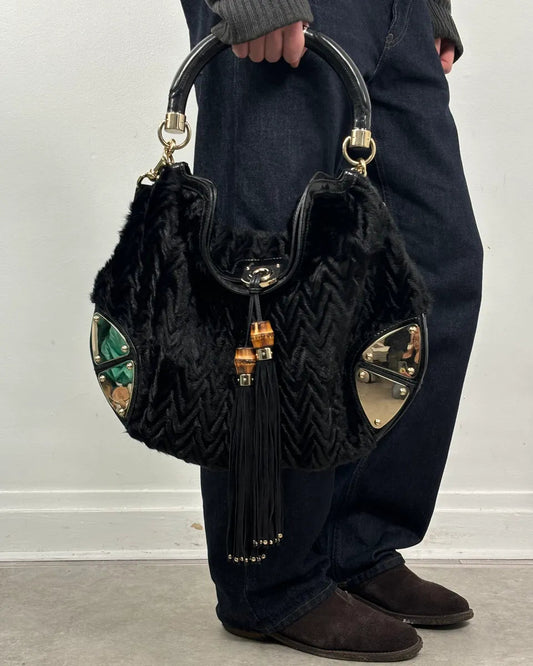 Black Karakul Indy Fur Bamboo Handle Bag