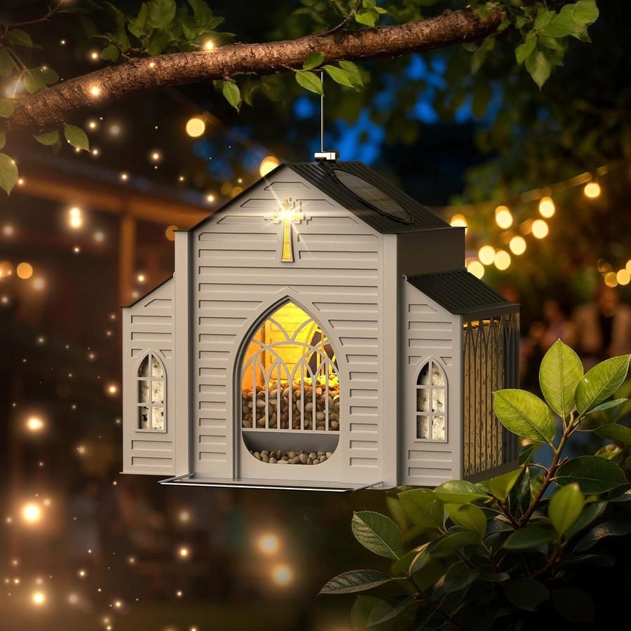Church-Shaped Metal Solar Bird Feeder