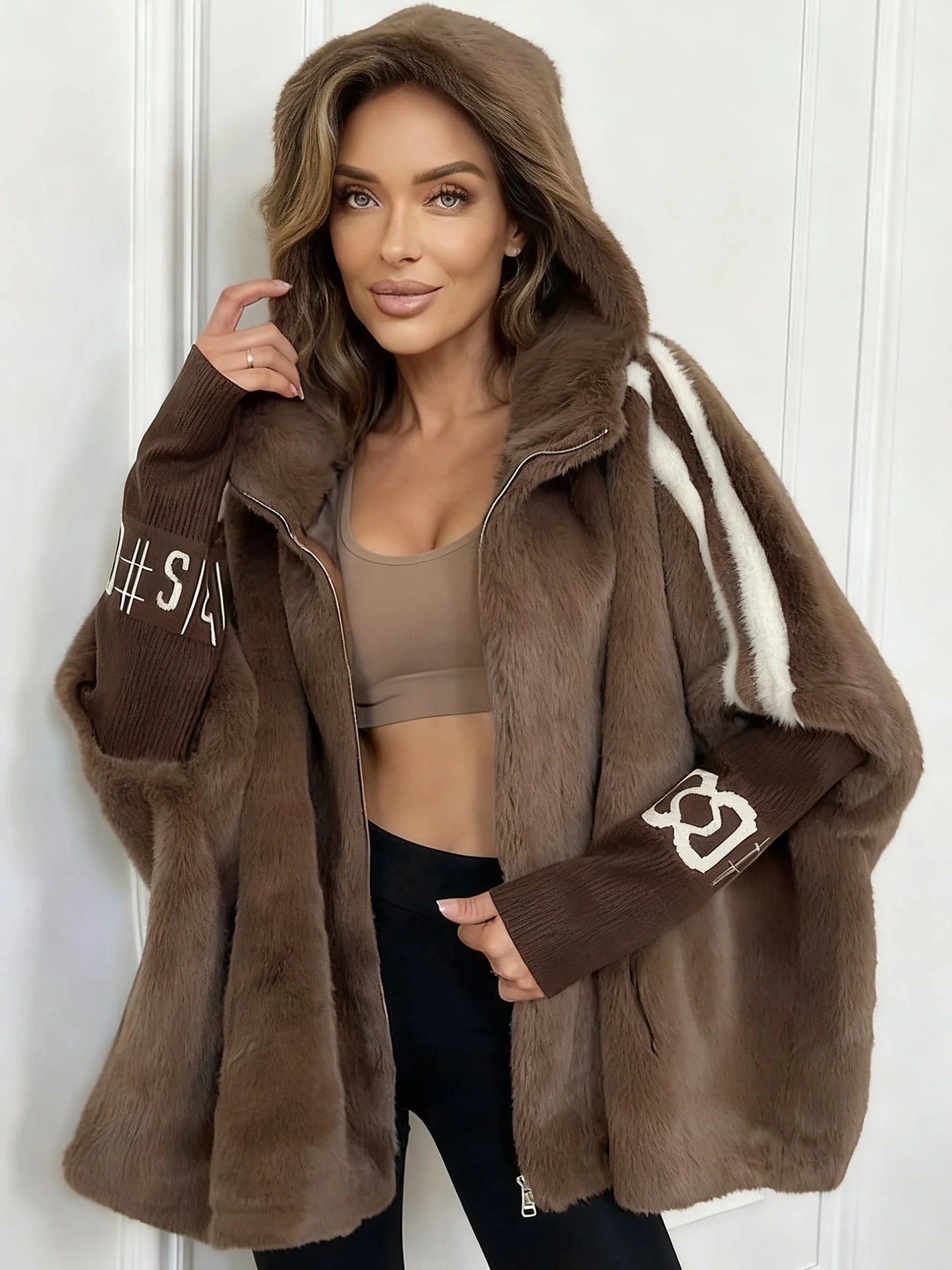 Women Plush Hooded Vertical Stripe Printed Casual Coat