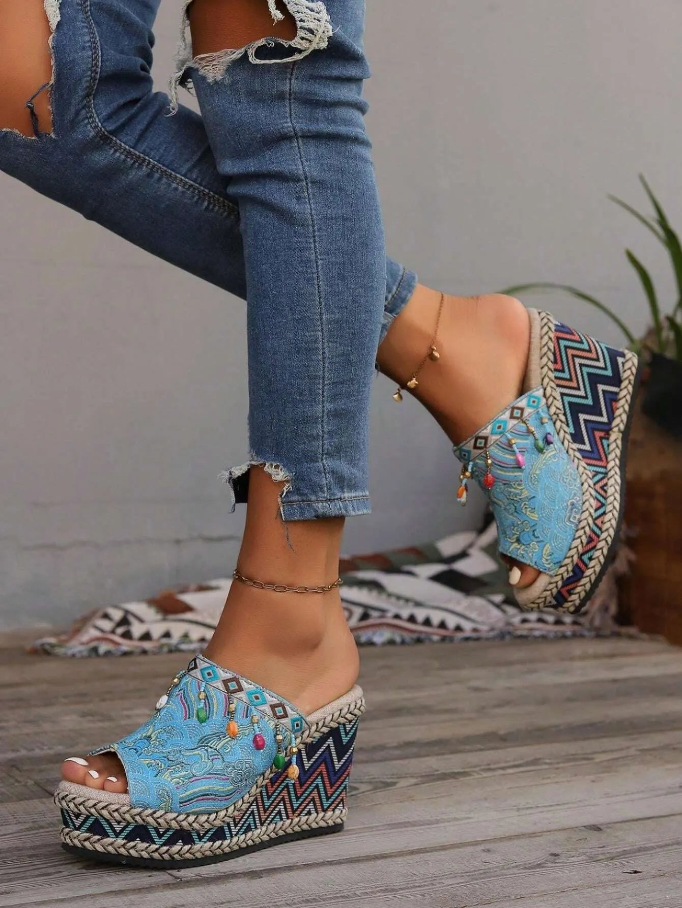 Bohemian Style High Heel Printed Wedges