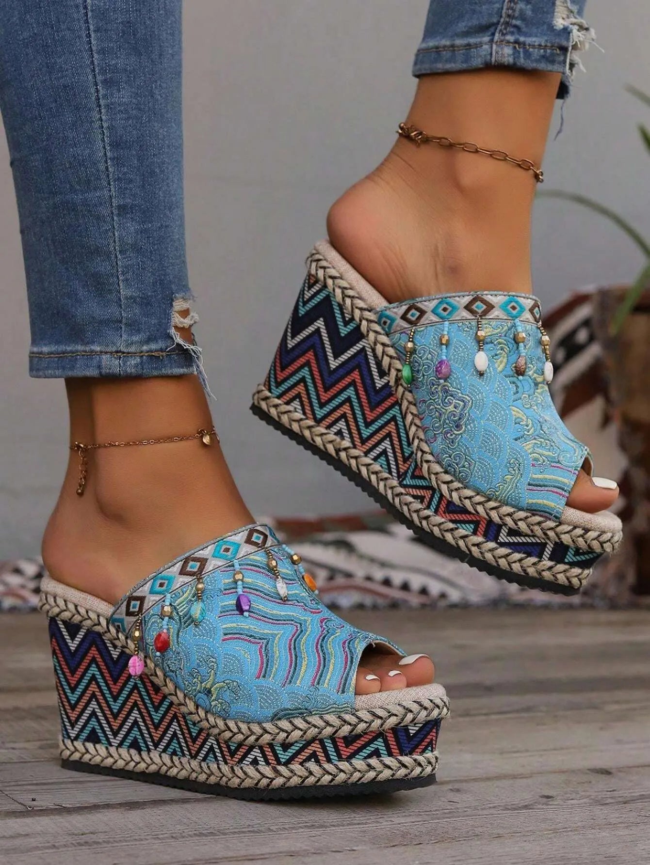 Bohemian Style High Heel Printed Wedges
