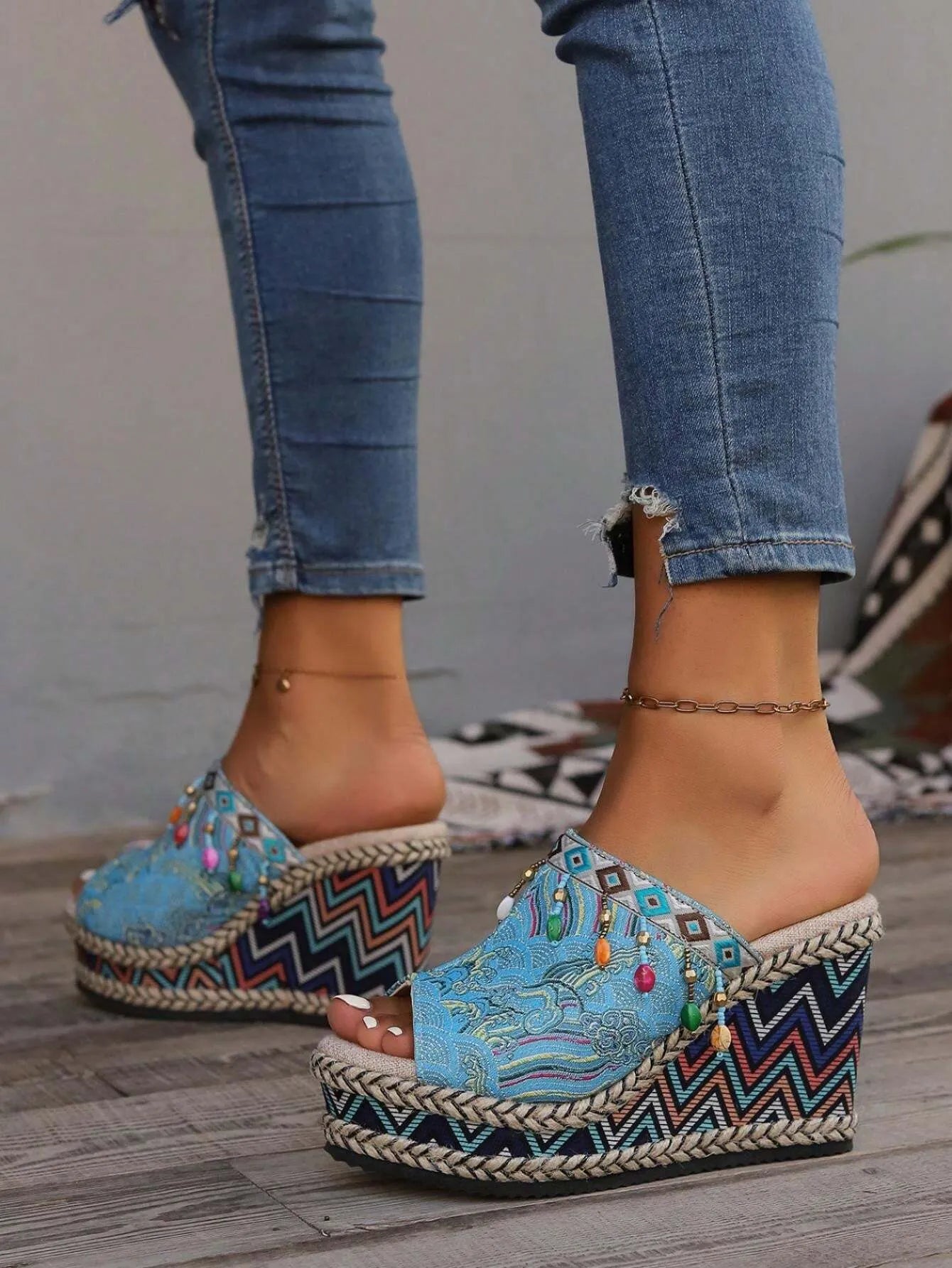 Bohemian Style High Heel Printed Wedges