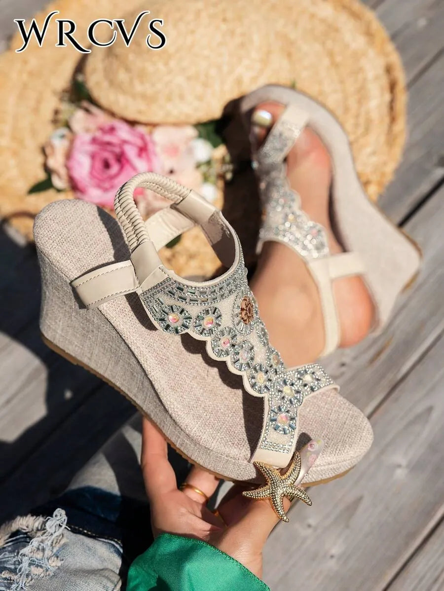 Wedge Heel Hollow Woven Bead Decor Vacation Shoes