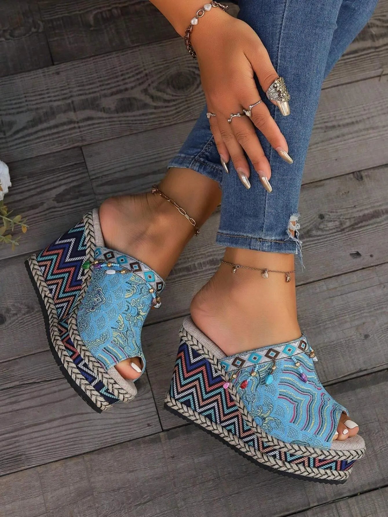 Bohemian Style High Heel Printed Wedges