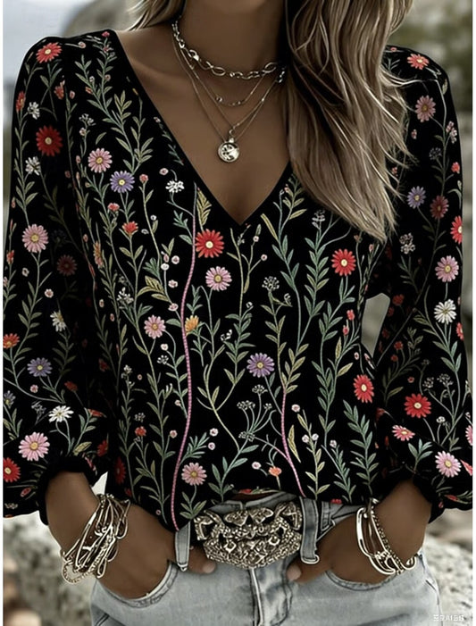Women's Graphic Bohemia Vacation Vintage  Lantern Sleeve V Neck Tops