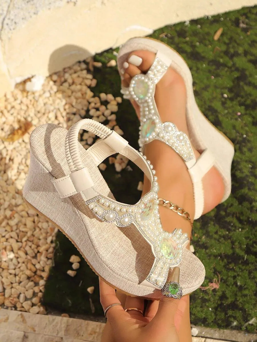 Wedge Heel Hollow Woven Bead Decor Vacation Shoes