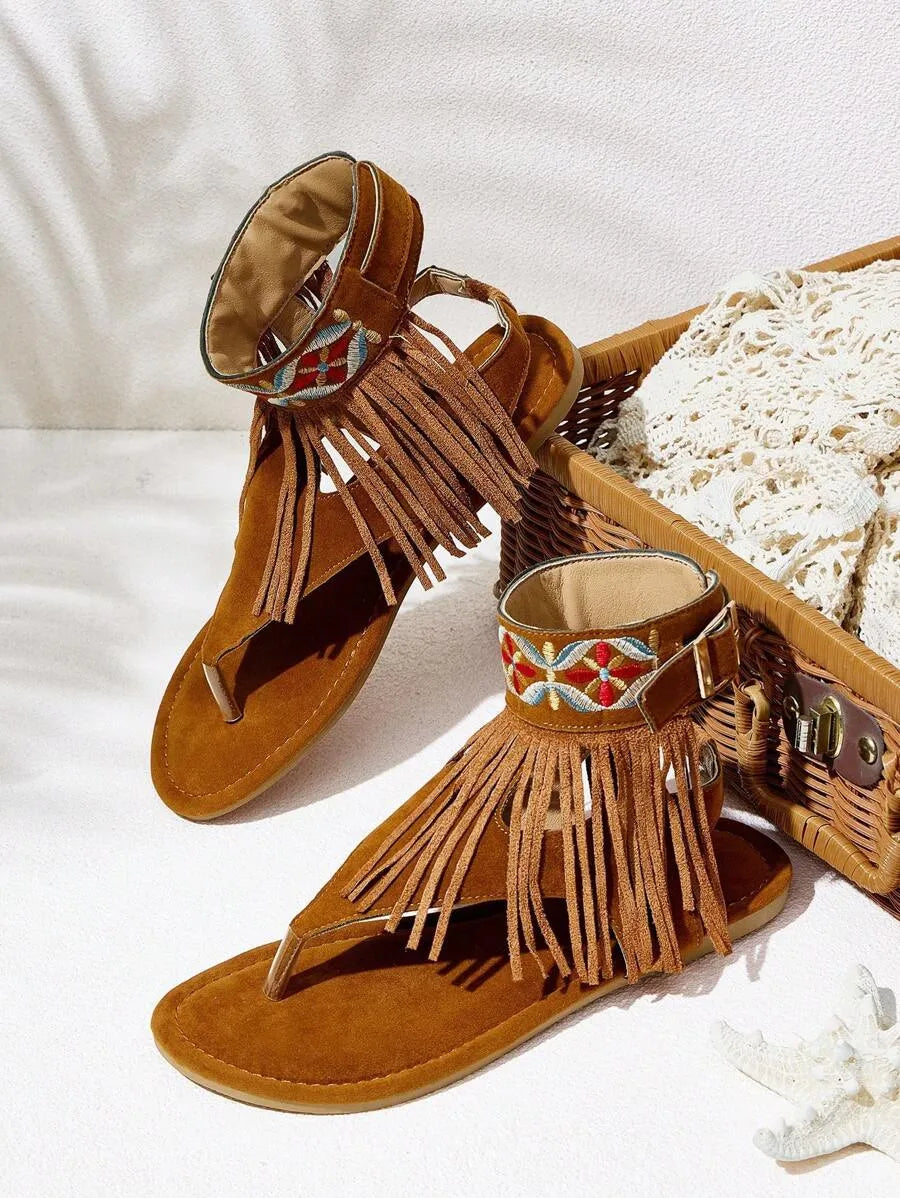 Styleloop Women's Embroidery Tassel Brown Flat Sandals