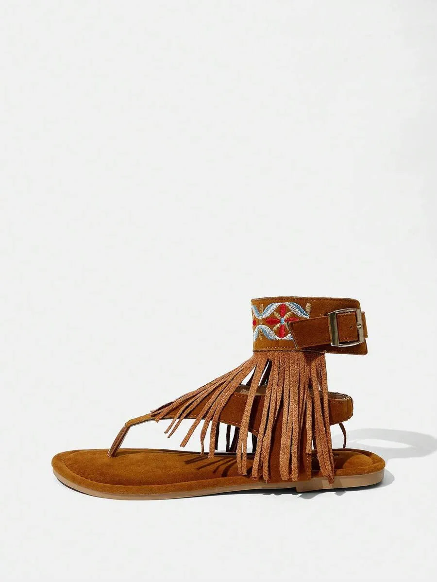 Styleloop Women's Embroidery Tassel Brown Flat Sandals