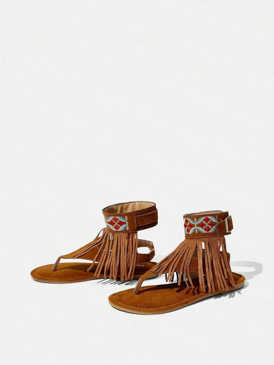 Styleloop Women's Embroidery Tassel Brown Flat Sandals