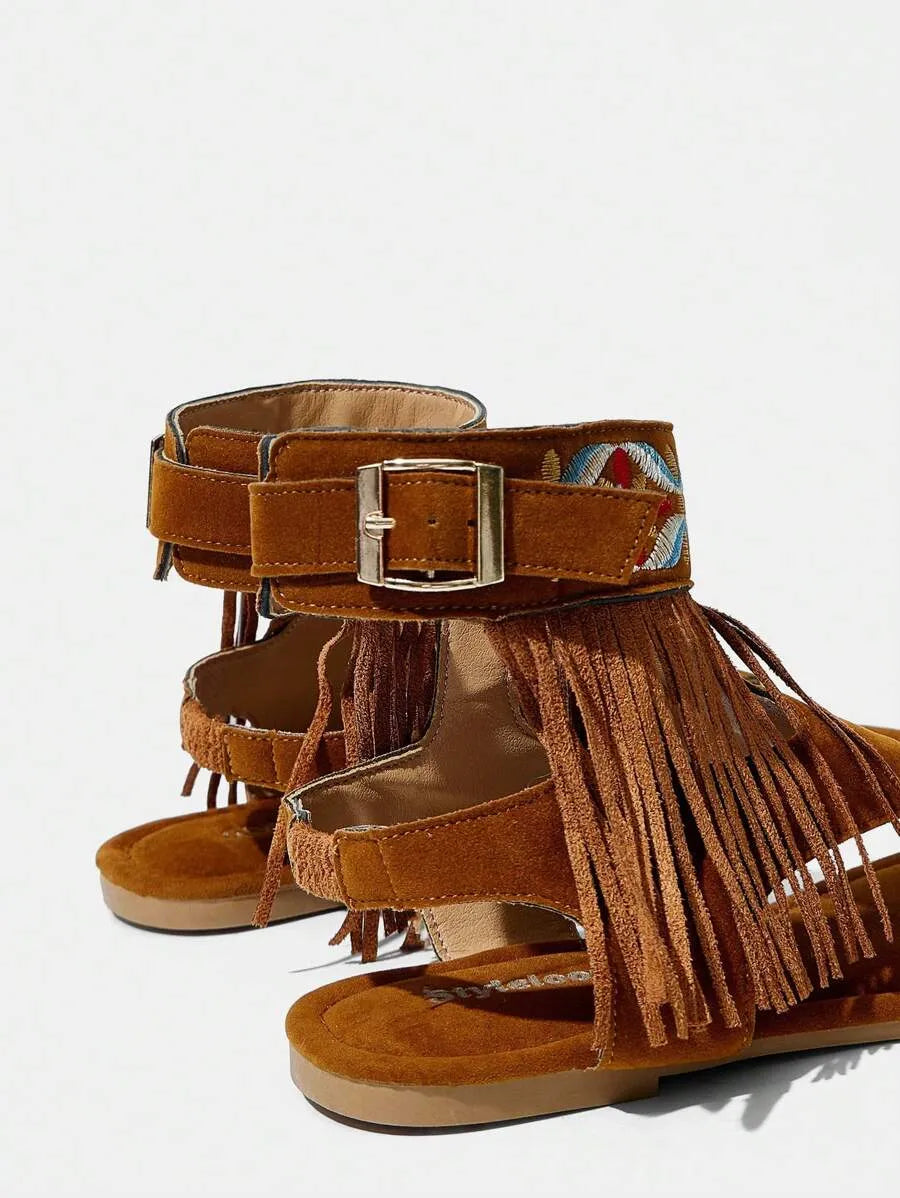 Styleloop Women's Embroidery Tassel Brown Flat Sandals