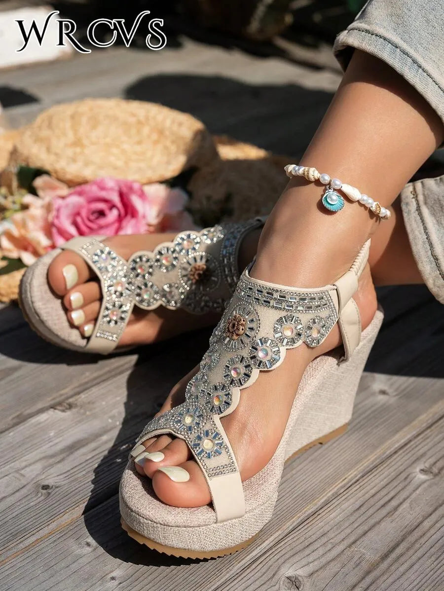 Wedge Heel Hollow Woven Bead Decor Vacation Shoes