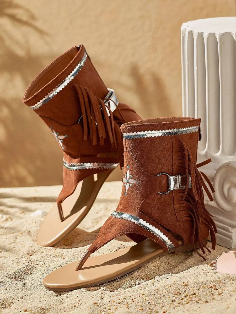 Women's Patchwork Fringe Flat Gladiator Sandals