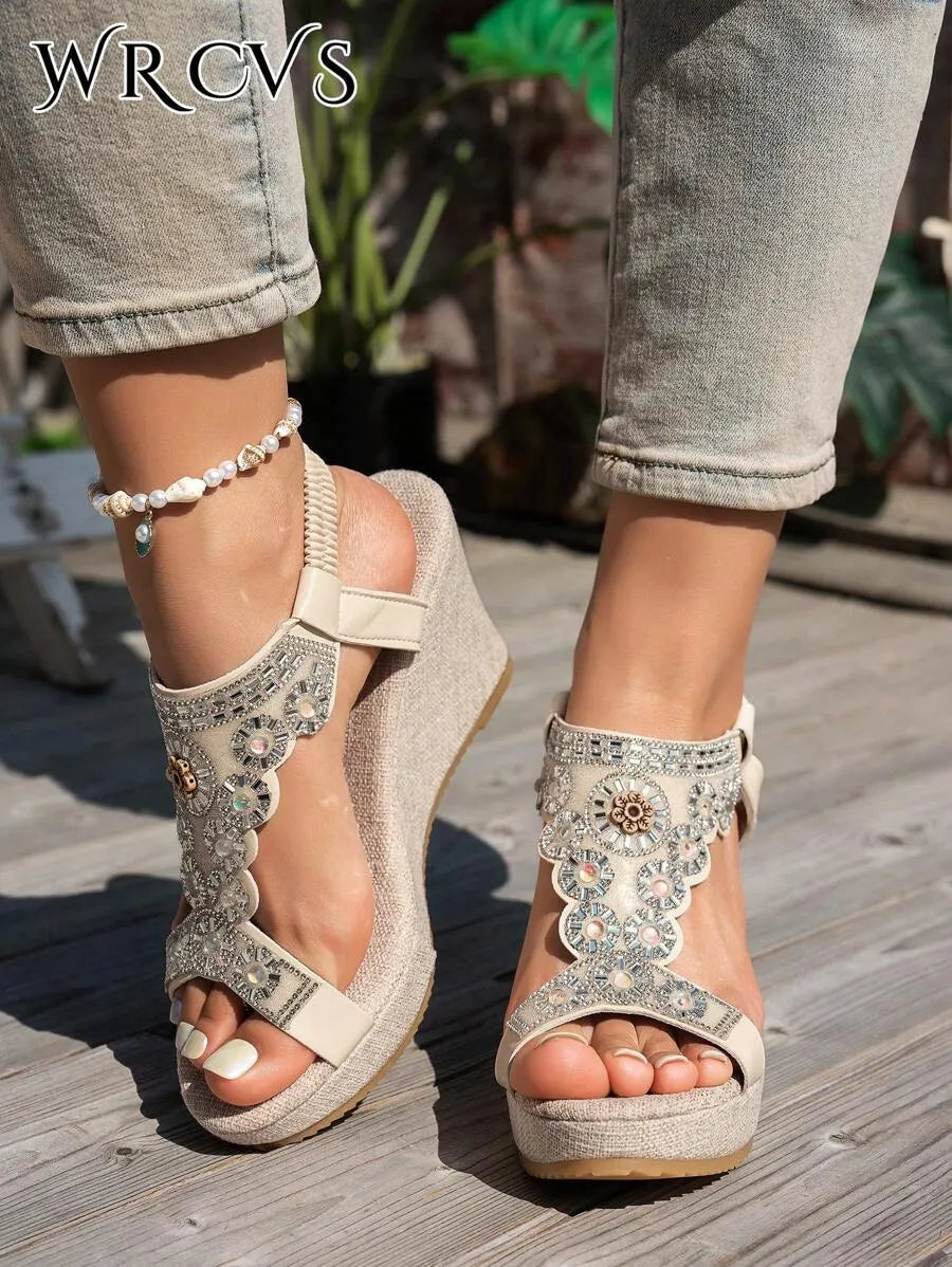 Wedge Heel Hollow Woven Bead Decor Vacation Shoes
