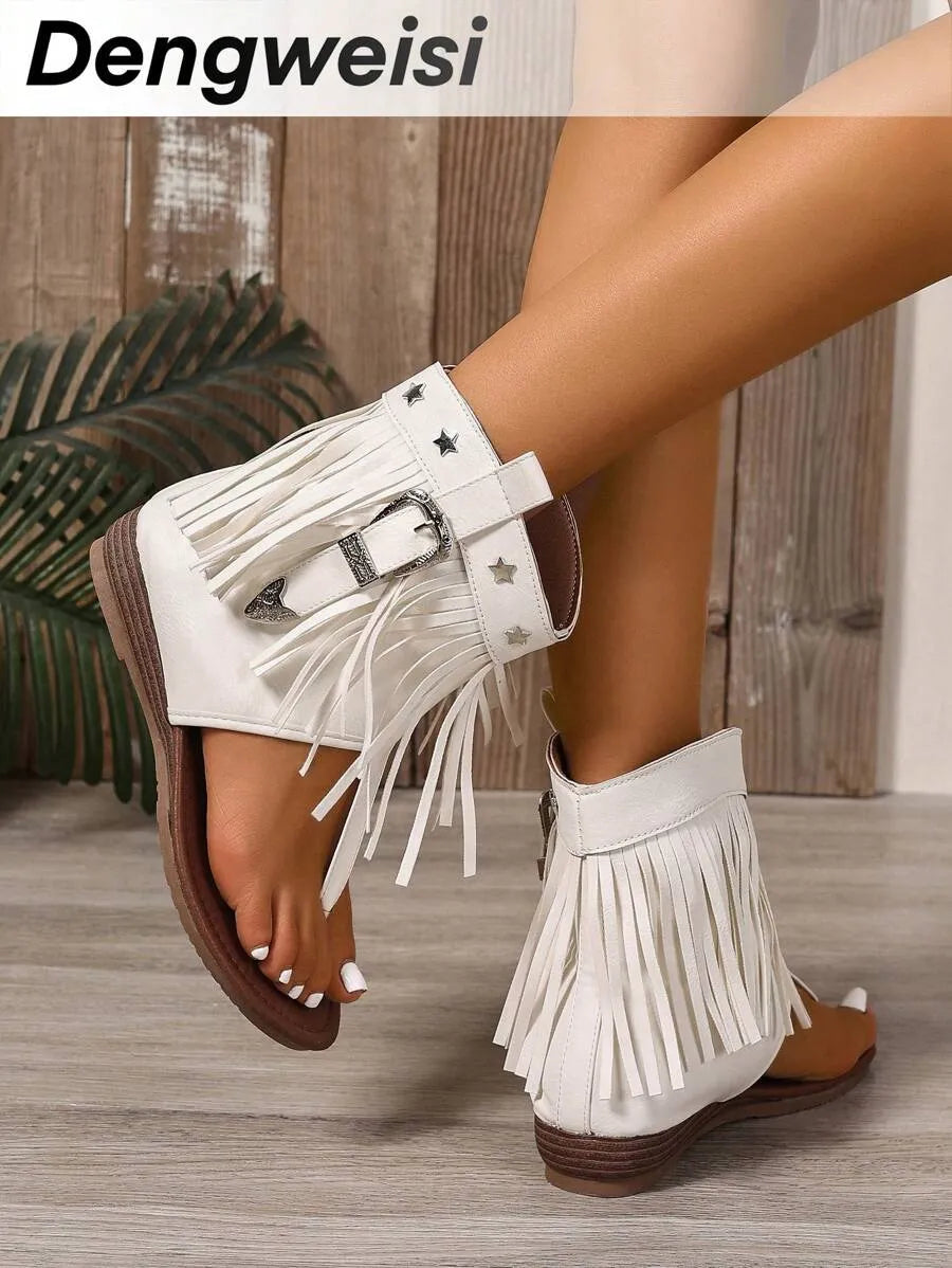 Tassel Decor Round Toe Low Heel Slip-On Flat Sandals