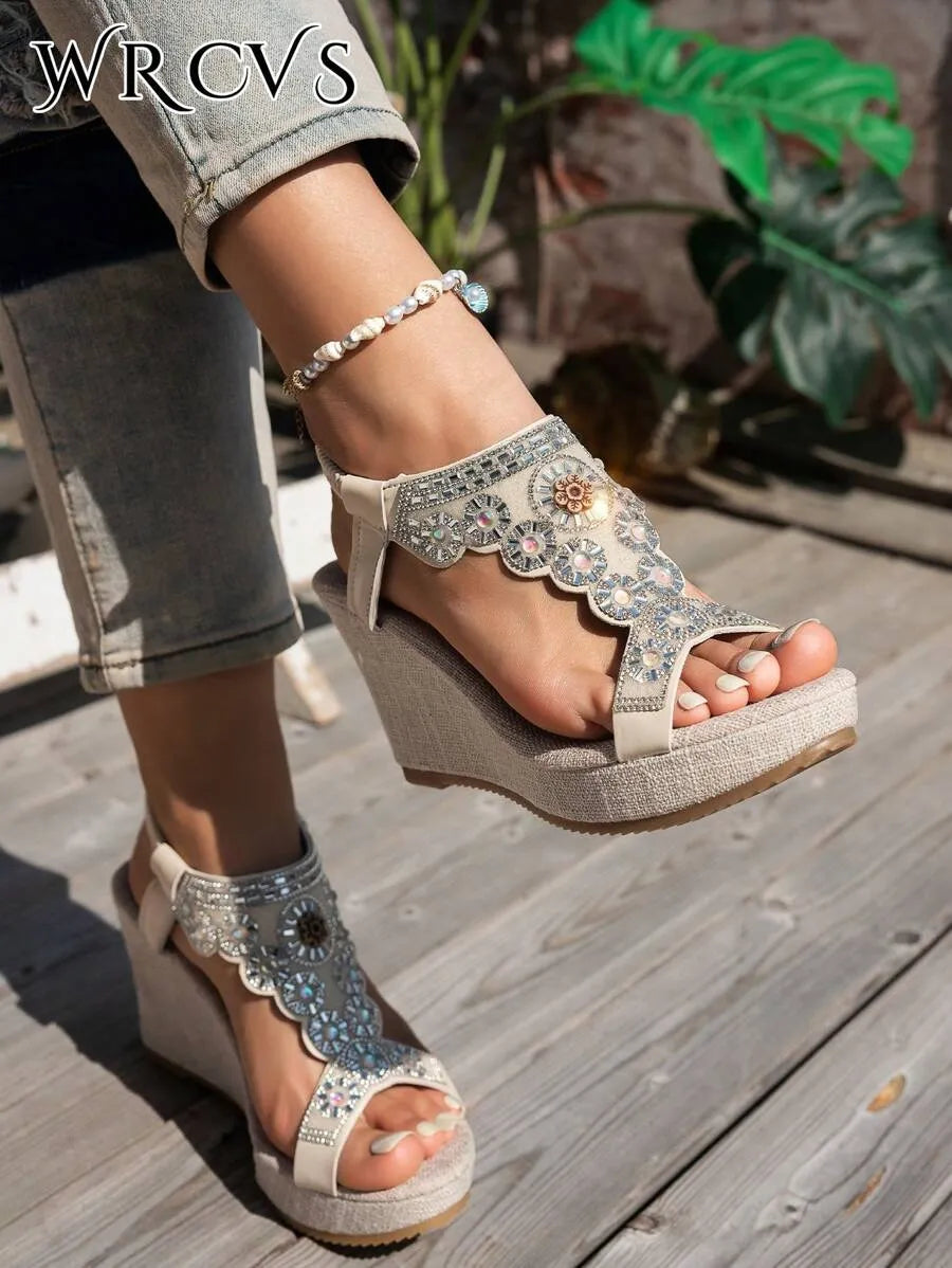 Wedge Heel Hollow Woven Bead Decor Vacation Shoes