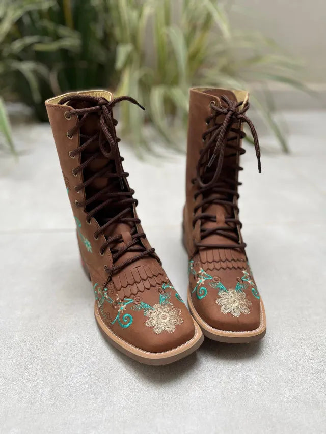 FLOWERS EMBROIDERED GREEN AND BEIGE BROWN LEATHER