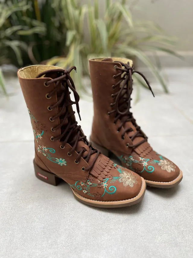 FLOWERS EMBROIDERED GREEN AND BEIGE BROWN LEATHER