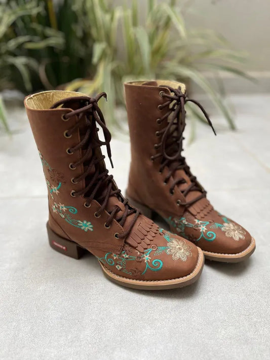 FLOWERS EMBROIDERED GREEN AND BEIGE BROWN LEATHER