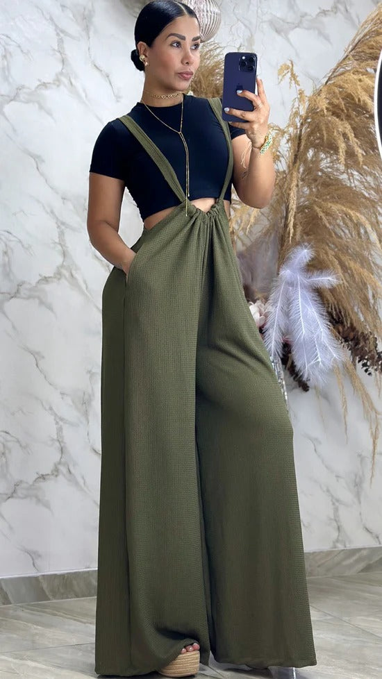 Woven Tie Back Suspender Jumpsuit