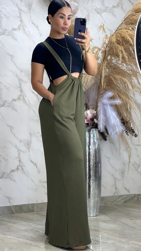 Woven Tie Back Suspender Jumpsuit