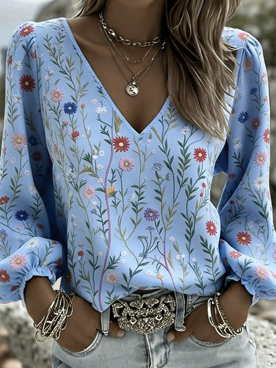 Women's Graphic Bohemia Vacation Vintage  Lantern Sleeve V Neck Tops