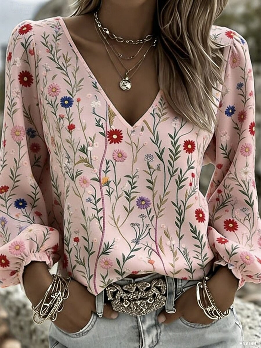 Women's Graphic Bohemia Vacation Vintage  Lantern Sleeve V Neck Tops