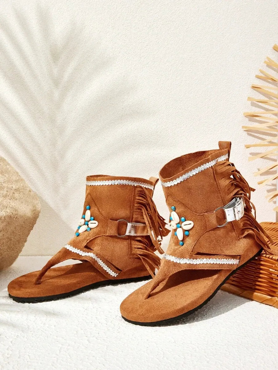 Styleloop New Women's Open Toe Fringe Flat Boots