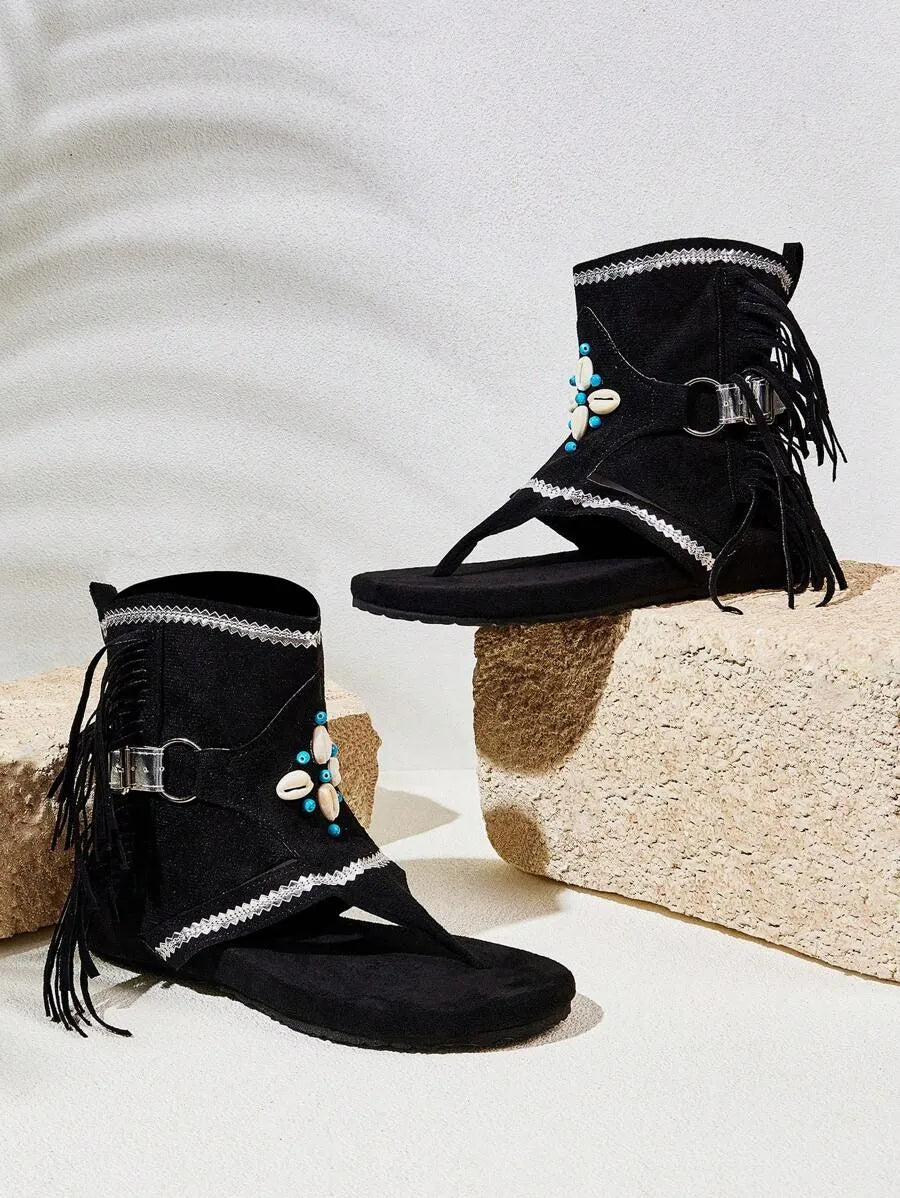 Styleloop New Women's Open Toe Fringe Flat Boots