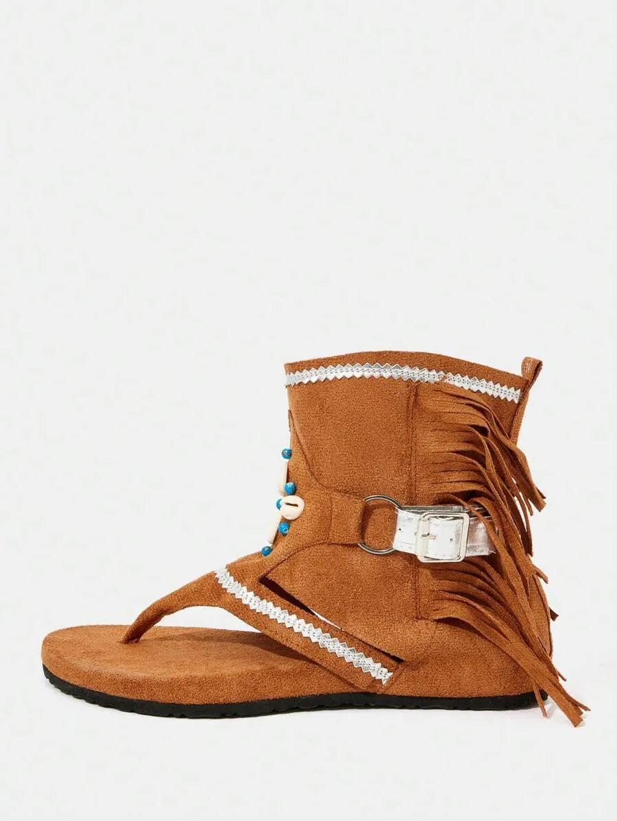 Styleloop New Women's Open Toe Fringe Flat Boots