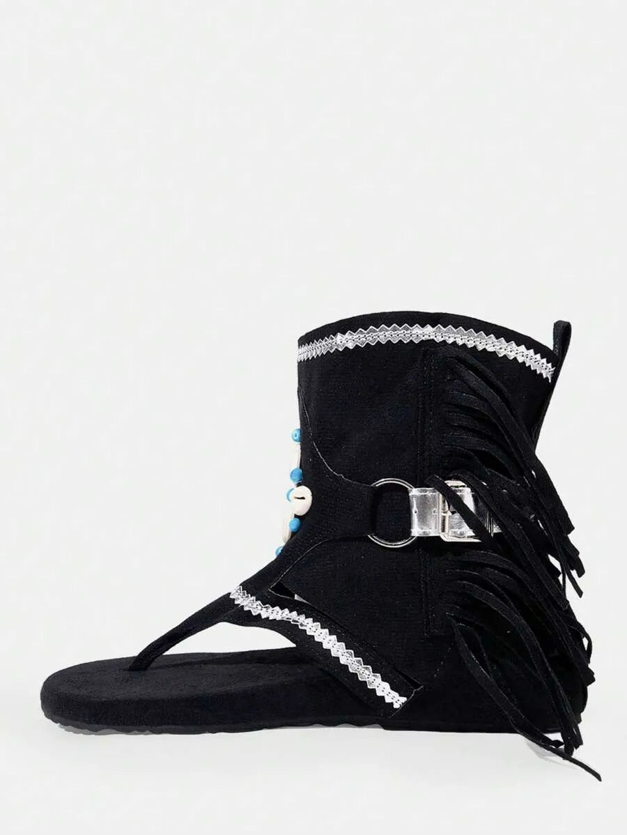 Styleloop New Women's Open Toe Fringe Flat Boots