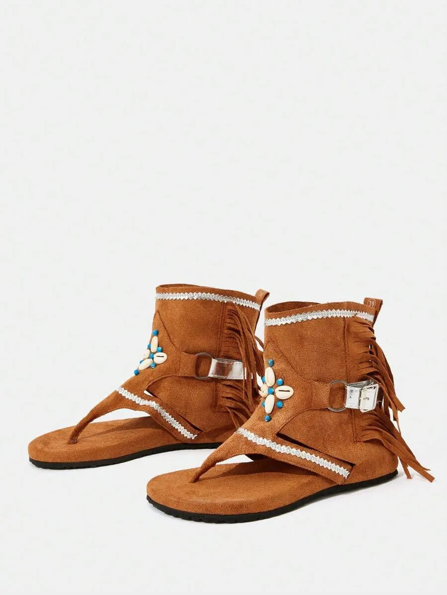 Styleloop New Women's Open Toe Fringe Flat Boots