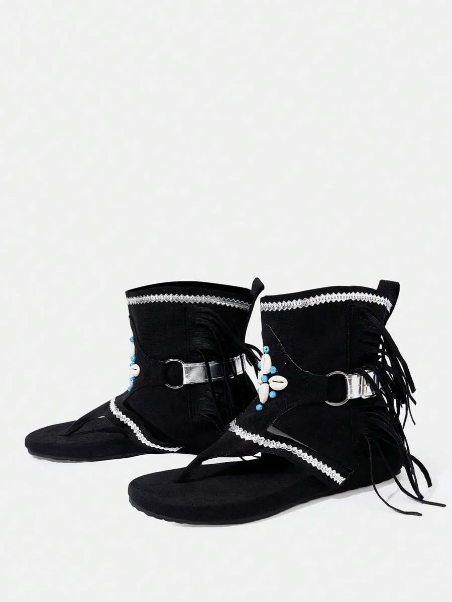 Styleloop New Women's Open Toe Fringe Flat Boots