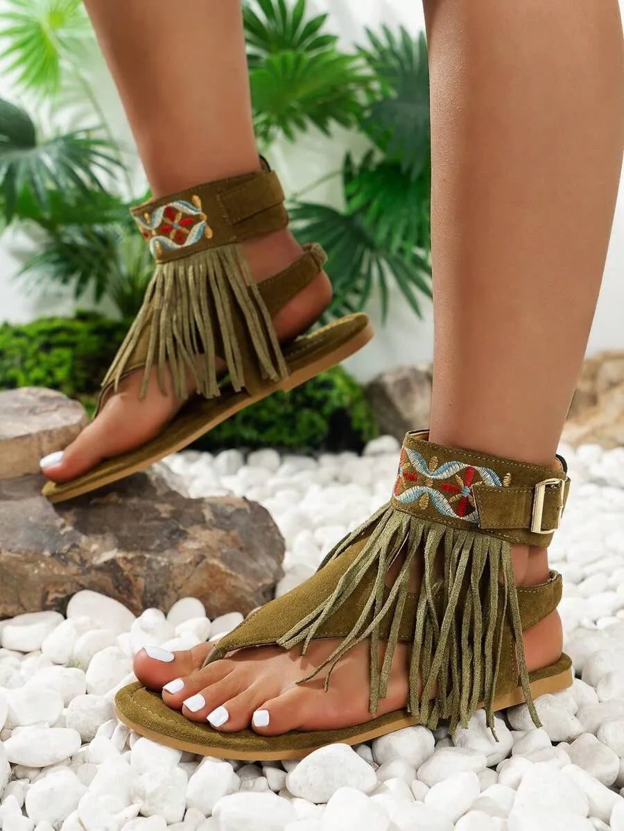 Styleloop Women's Embroidery Tassel Brown Flat Sandals