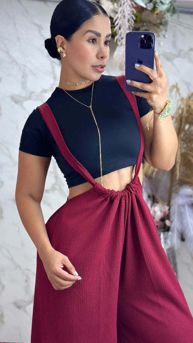 Woven Tie Back Suspender Jumpsuit