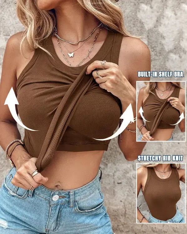 Built-in Bra Ribbed Round Neck Tank Top
