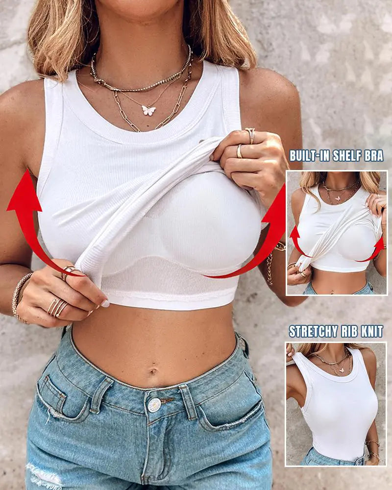 Built-in Bra Ribbed Round Neck Tank Top