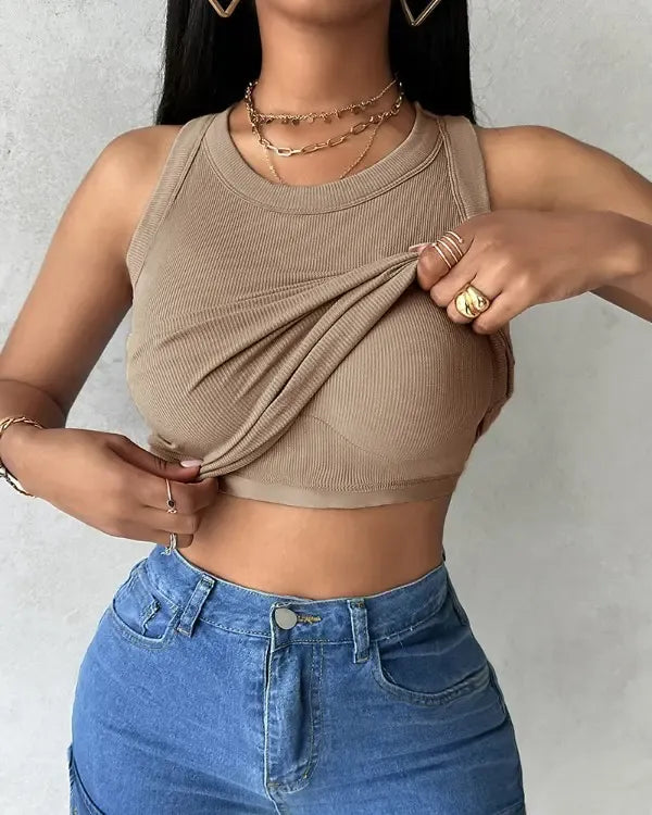 Built-in Bra Ribbed Round Neck Tank Top