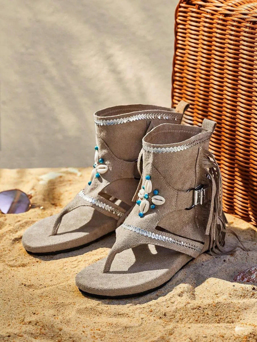Styleloop New Women's Open Toe Fringe Flat Boots