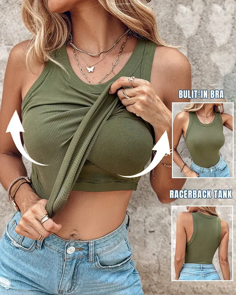 Built-in Bra Ribbed Round Neck Tank Top