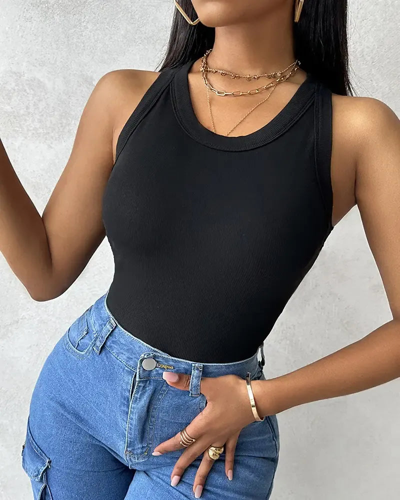 Built-in Bra Ribbed Round Neck Tank Top