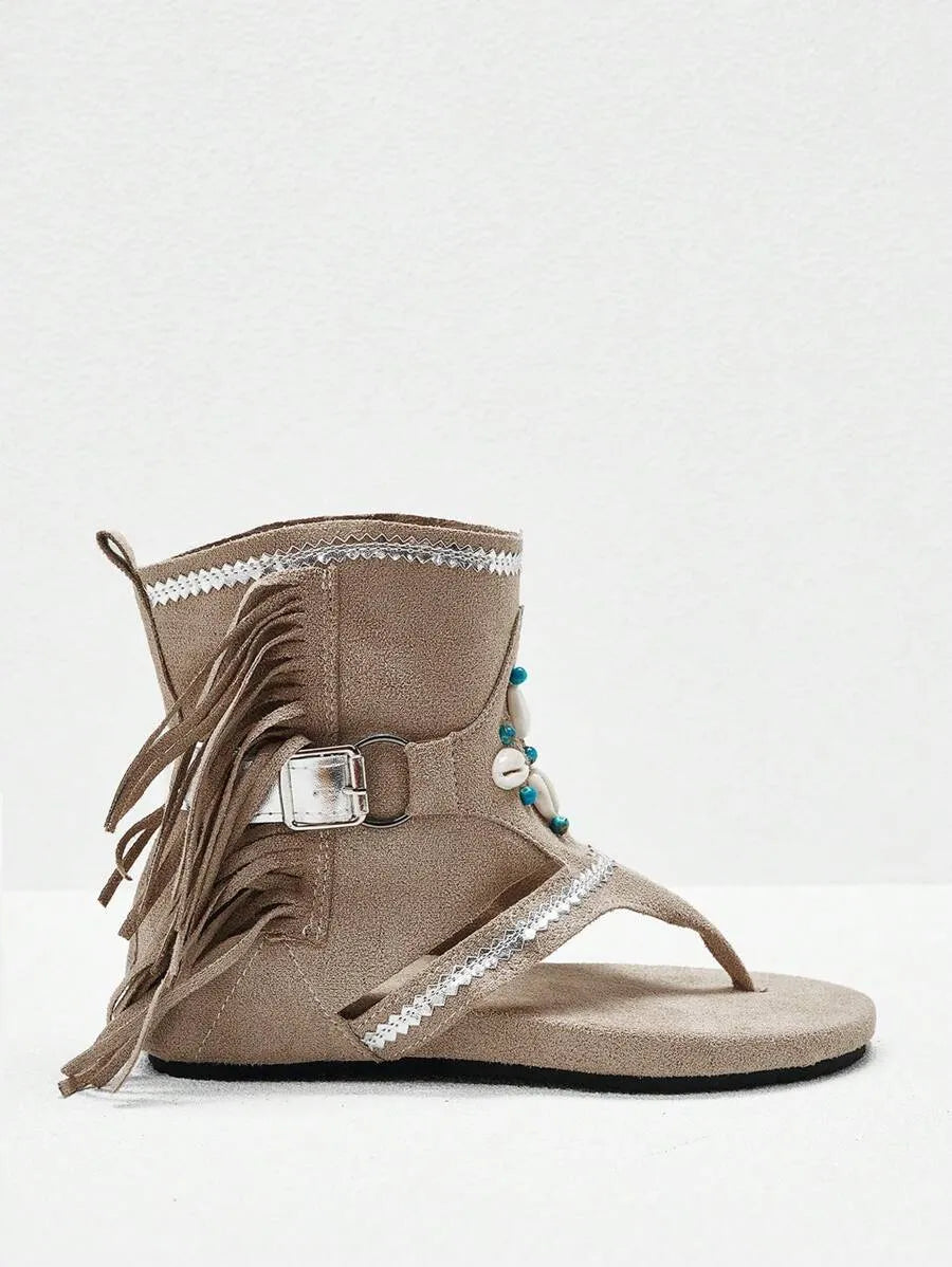 Styleloop New Women's Open Toe Fringe Flat Boots