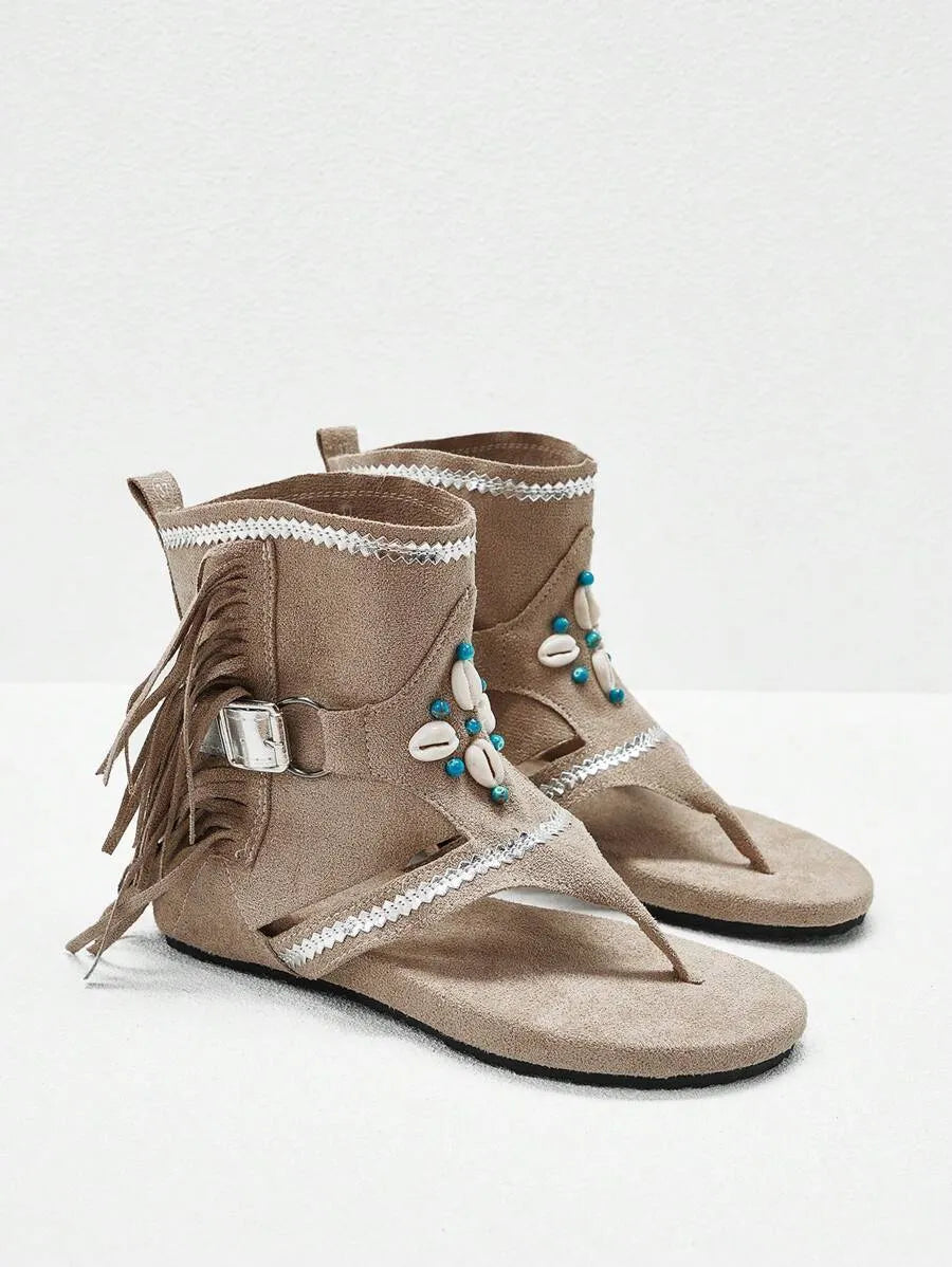 Styleloop New Women's Open Toe Fringe Flat Boots